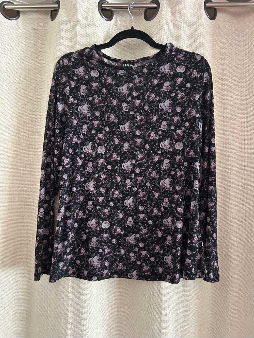 torrid Black Long Sleeve Tee with Lavender Rose Floral Print